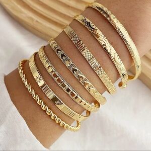 Trendy Boho-Chic Gold Tone Stackable Cuff Bangle Bracelets - Streetwear Goth